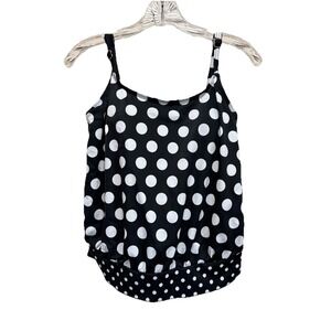 Liz Claiborne Tankini Top Black/White Polkadot Built In‎ Bra Size 10 Adj Straps